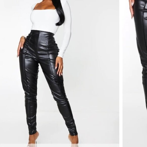 Pretty Little Thing NWT black shiny PU seam detail high waist fitted pants 4 - Picture 3 of 15